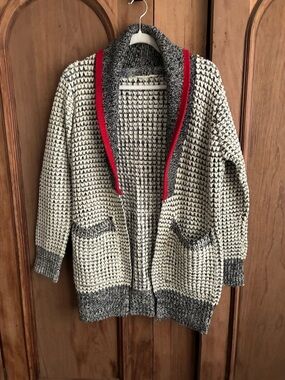 Bluenotes White & Gray Knit Shawl Cardigan with Red Trim